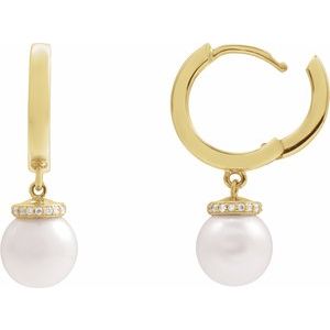 14K Yellow Gold Pair 8Mm I1, Gh Akoya Pearl And .07 Ctw Natural Diamond Hoop Earrings, Length: 14.2 Mm, Thickness: 2.3 Mm