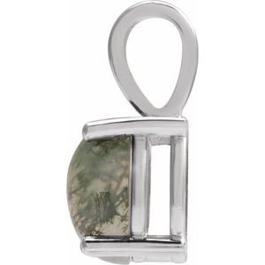 14K White Gold Oval 8 X 6 Mm Natural Moss Agate 4-Prong Cabochon Basket Pendant