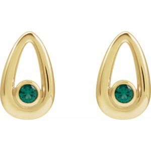 14K Yellow Gold Round Shape 3 Mm Lab-Grown Emerald Solitaire Geometric Bezel Earrings