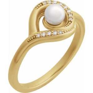 14K Yellow Gold Cultured Akoya Pearl Round 4.5 Mm Natural Diamond Polished Cultured Pearl And .05 Ctw Natural Diamond Freeform Ring Size 7