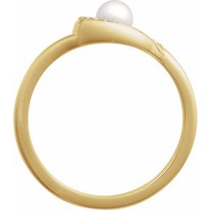 14K Yellow Gold Cultured Akoya Pearl Round 4.5 Mm Natural Diamond Polished Cultured Pearl And .05 Ctw Natural Diamond Freeform Ring Size 7