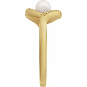 14K Yellow Gold Cultured Akoya Pearl Round 4.5 Mm Natural Diamond Polished Cultured Pearl And .05 Ctw Natural Diamond Freeform Ring Size 7