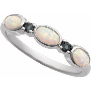 Sterling Silver Lab-Grown White Opal & Natural London Blue Topaz Stackable Ring Size 7