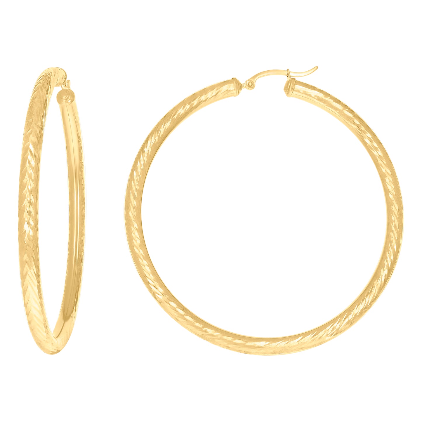 10K Yellow Gold Womens Round Tube Diamond-cut Patterned Fancy Hoop Earrings 4mm