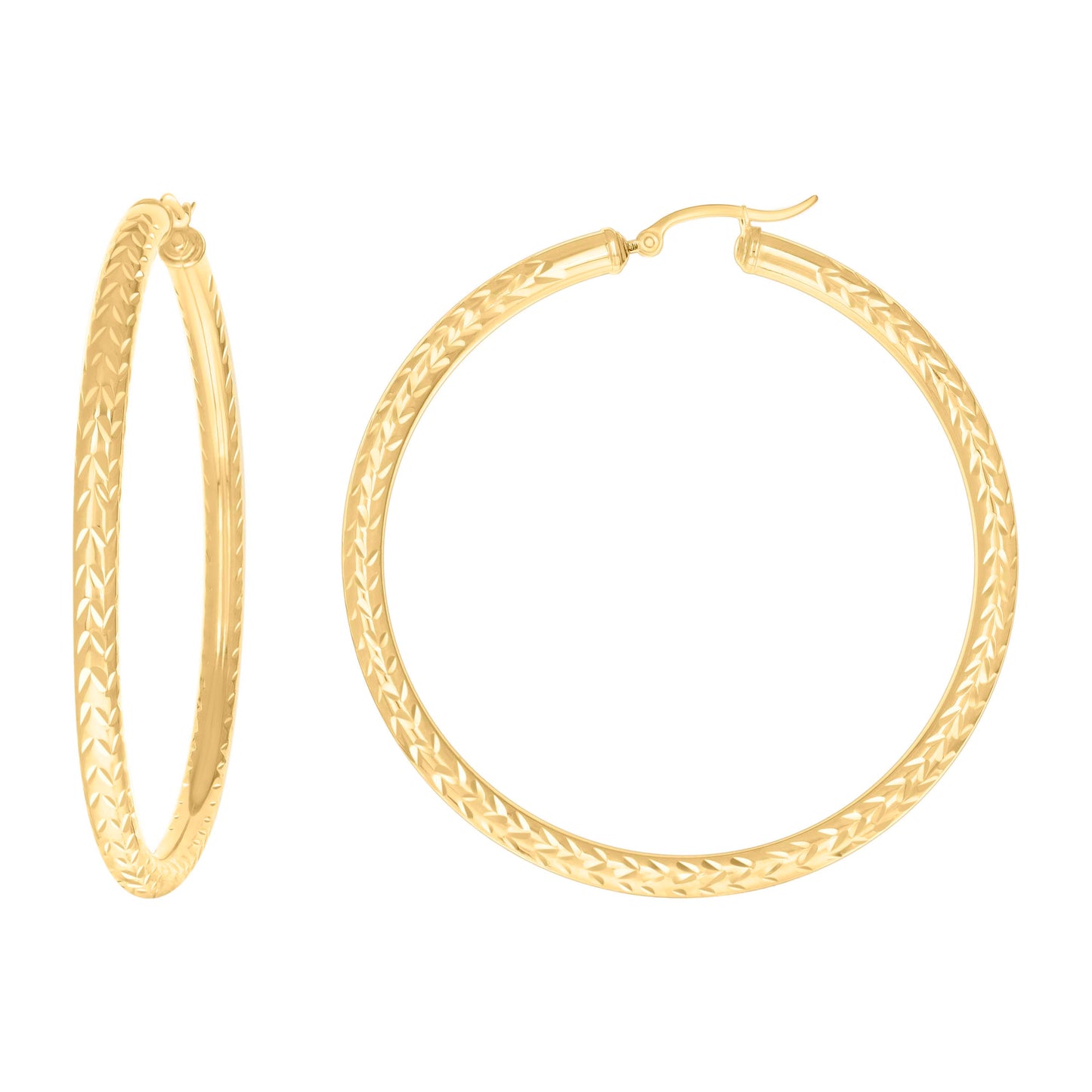 10K Yellow Gold Womens Diamond-cut Round Tube Patterned Hoop Earrings 4mm