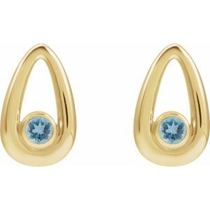14K Yellow Gold Round Shape 3 Mm Natural Aquamarine Solitaire Geometric Bezel Earrings
