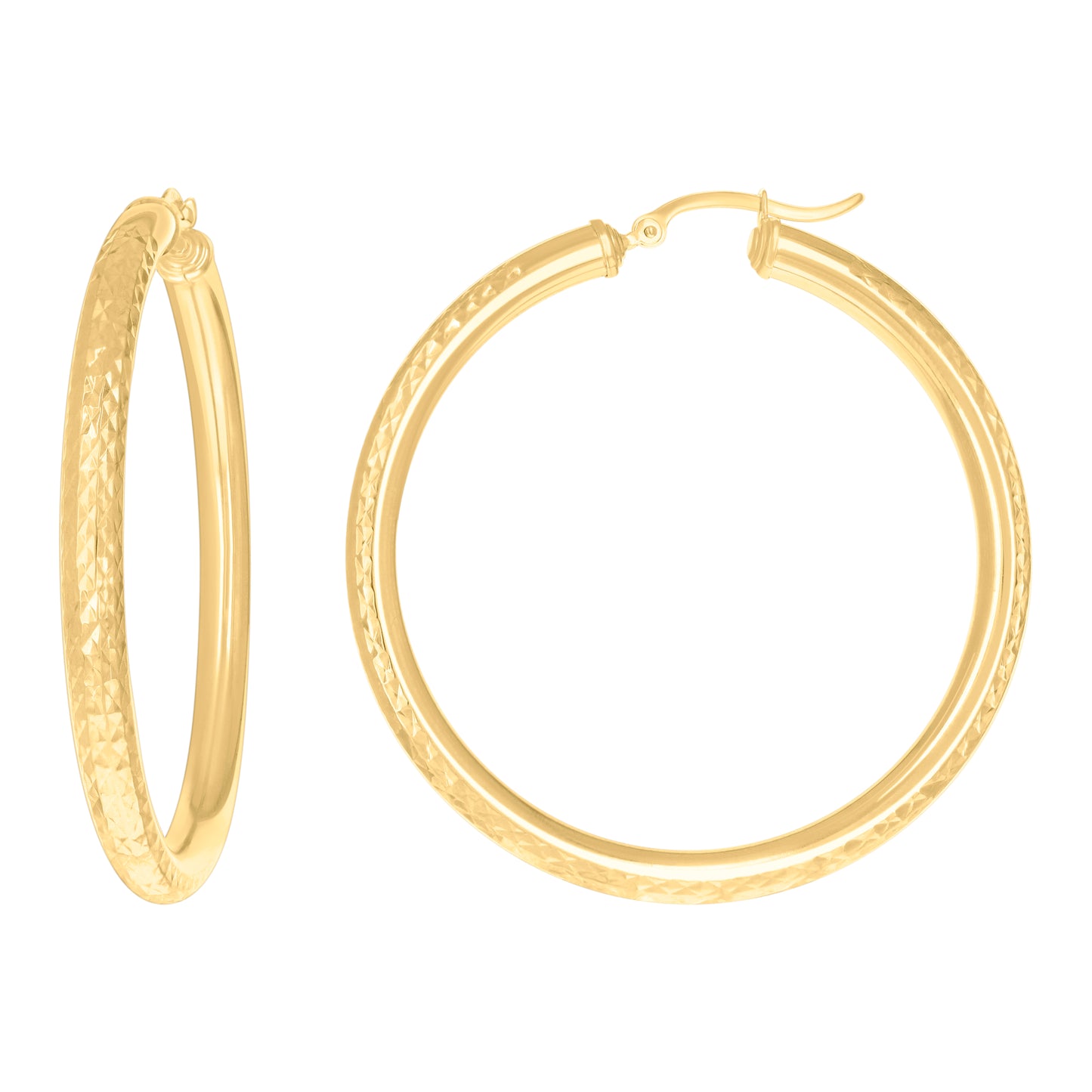 14K Yellow Gold Womens Round Tube Diamond-cut Patterned Fancy Hoop Earrings