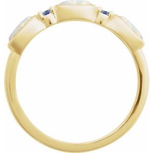 14K Yellow Gold Oval 5 X 3 Mm Natural Tanzanite Polished Lab-Grown White Opal Cabochon And Natural Tanzanite Stackable Ring Size 7