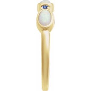 14K Yellow Gold Oval 5 X 3 Mm Natural Tanzanite Polished Lab-Grown White Opal Cabochon And Natural Tanzanite Stackable Ring Size 7