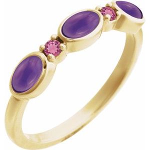 14K Yellow Gold Natural Amethyst & Natural Pink Tourmaline Stackable Ring Size 7