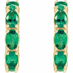14K Yellow Gold Pair Oval Shape 5 X 3 Mm Lab-Grown Emerald Hoop Earrings, Length: 18.2 Mm, Thickness: 3.5 Mm
