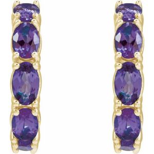 14K Yellow Gold Pair Oval Shape 5 X 3 Mm Natural Amethyst Hoop Earrings, Length: 18.2 Mm, Thickness: 3.5 Mm