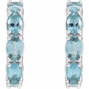 14K White Gold Pair Oval Shape 5 X 3 Mm Natural Aquamarine Hoop Earrings, Length: 18.2 Mm, Thickness: 3.5 Mm