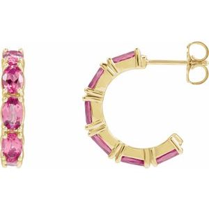 14K Yellow Gold Pair Oval Shape 5 X 3 Mm Natural Pink Tourmaline Hoop Earrings, Length: 18.2 Mm, Thickness: 3.5 Mm