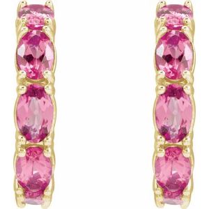 14K Yellow Gold Pair Oval Shape 5 X 3 Mm Natural Pink Tourmaline Hoop Earrings, Length: 18.2 Mm, Thickness: 3.5 Mm