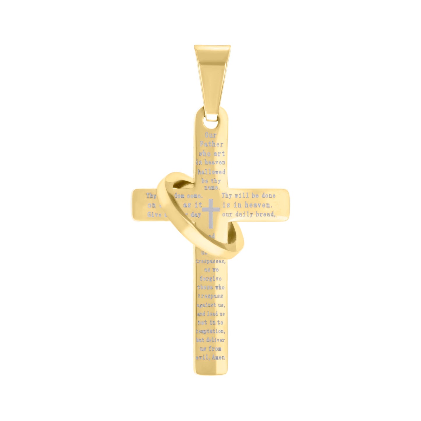 Stainless Steel Mens English Bible Lords Prayer Cross Ring Religious Charm Pendant