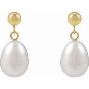 14K Yellow Gold Pair 8-8.5 Cultured Freshwater White Pearl Drop Earrings, Length: 18.796 Mm