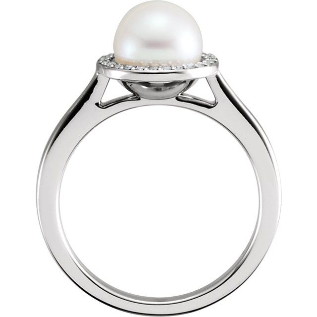 14K White Gold 7.5-8.0 Mm Polished Cultured Freshwater Pearl And .06 Ctw Natural Diamond Ring, Size 7