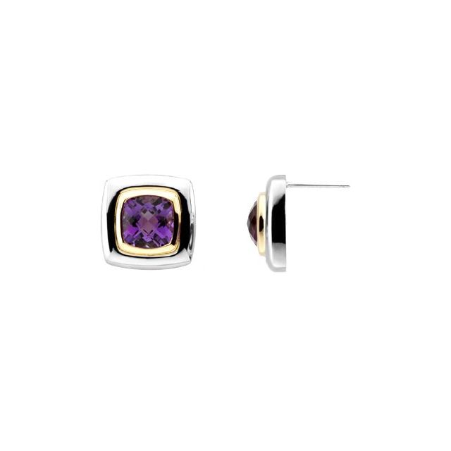 Sterling Silver Cushion Pair 8 X 8 Mm Friction Bezel Polished Checkerboard Natural Amethyst Earrings