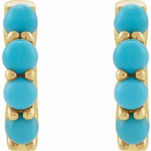 14K Yellow Gold Pair Round Shape 3 Mm Natural Turquoise Cabochon Hinged Hoop Earrings, Length: 14.7 Mm, Thickness: 3 Mm