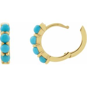 14K Yellow Gold Pair Round Shape 3 Mm Natural Turquoise Cabochon Hinged Hoop Earrings, Length: 14.7 Mm, Thickness: 3 Mm