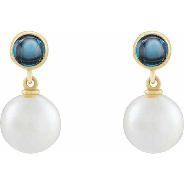 14K Yellow Gold 8 Mm Friction Backs Polished Cultured Freshwater Pearl And Natural London Blue Topaz Cabochon Drop Earrings