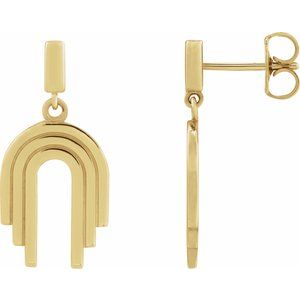 14K Yellow Gold 28.9 X 10.5 Mm Pair Friction Backs Included Polished Geometric Arch Dangle Earrings