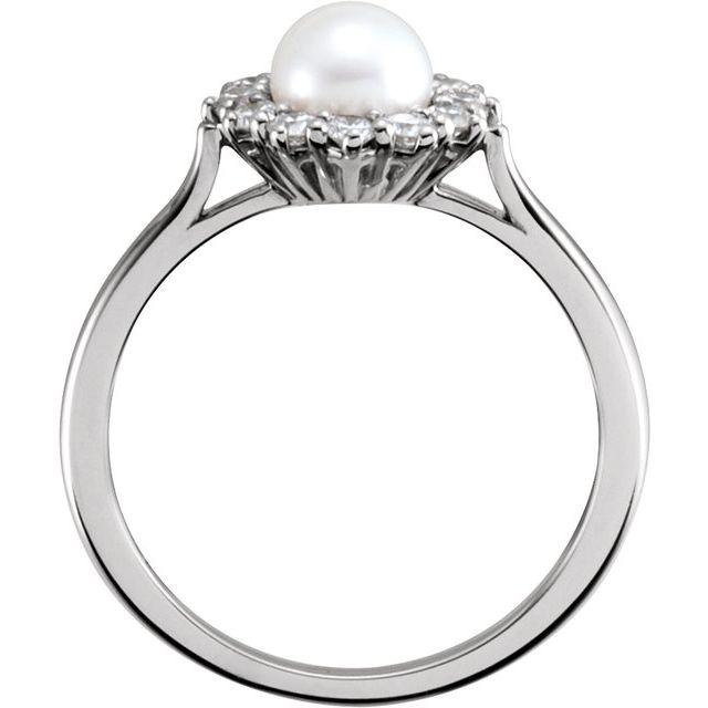 14K Yellow Or White Gold 6 Mm Polished Cultured White Freshwater Pearl And 3/8 Ctw Natural Diamond Halo-Style Ring, Size 7