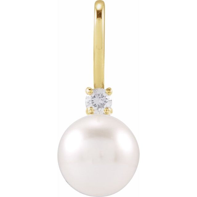 14K Yellow Gold 6Mm I1, G-H Polished Cultured White Akoya Pearl And .03 Ct Natural Diamond Charm/Pendant