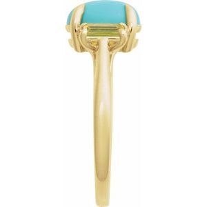 14K Yellow Gold Oval 9 X 7 Mm Natural Turquoise Cabochon And Natural Peridot Claw Prong Ring Size 7