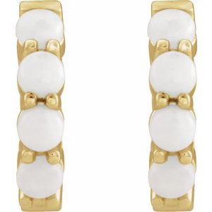 14K Yellow Gold Pair Round Shape 3 Mm Natural White Opal Cabochon Hinged Hoop Earrings, Length: 14.7 Mm, Thickness: 3 Mm