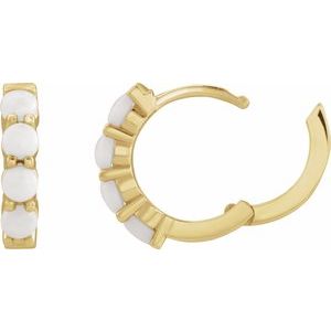 14K Yellow Gold Pair Round Shape 3 Mm Natural White Opal Cabochon Hinged Hoop Earrings, Length: 14.7 Mm, Thickness: 3 Mm