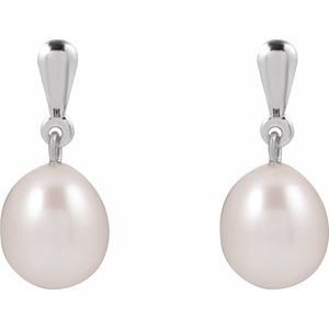 14K White Gold Pair 8-8.5 Cultured Freshwater White Pearl Drop Earrings, Length: 18.796 Mm