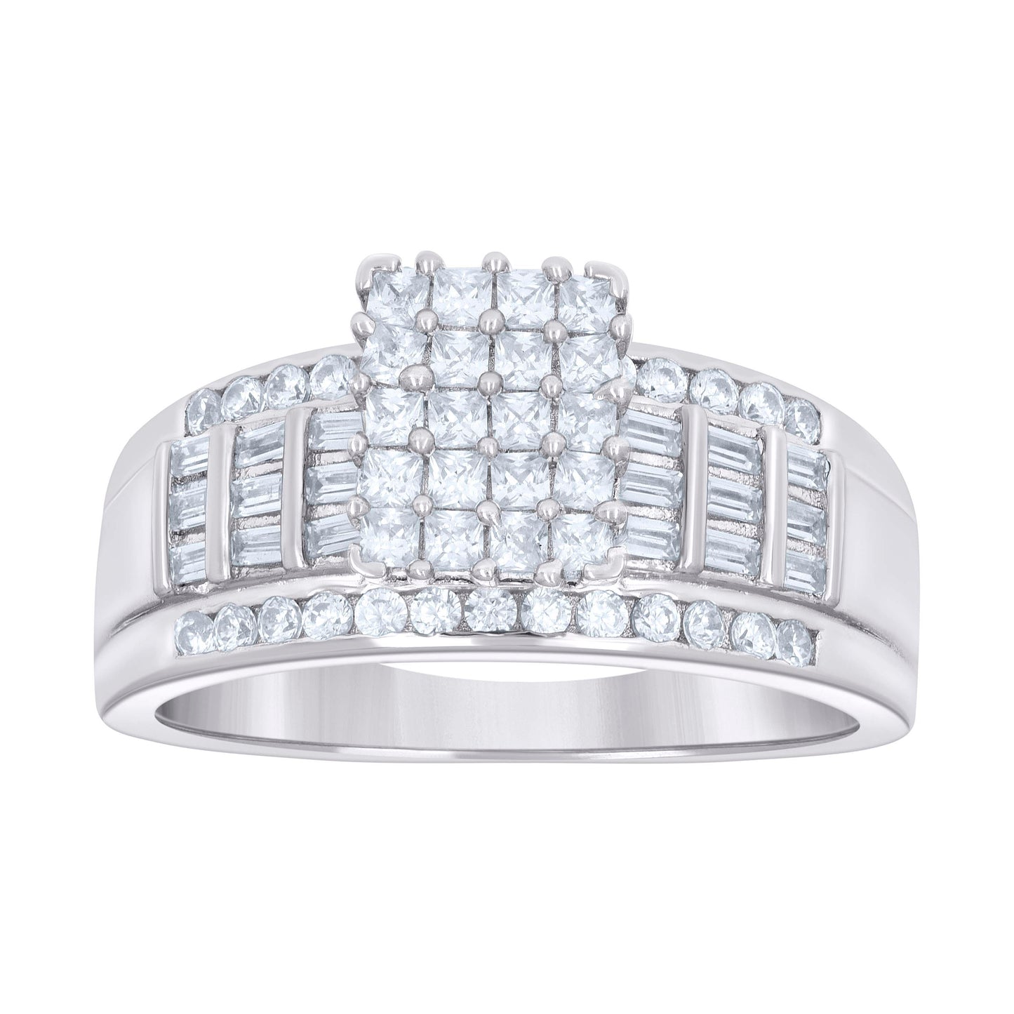 Sterling Silver Womens Baguette 0.95ct Round 0.33ct Moissanite Cinderella Bridal Anniversary Wedding Engagement Band Ring
