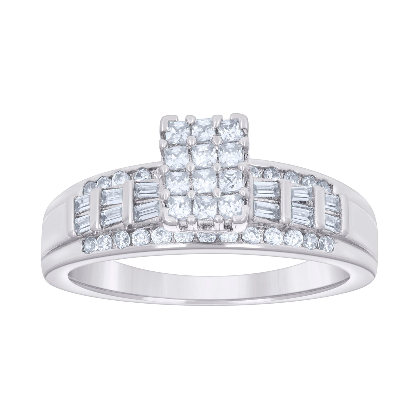 Sterling Silver Womens Baguette 0.60ct Round 0.26ct Moissanite Cinderella Bridal Anniversary Wedding Engagement Band Ring