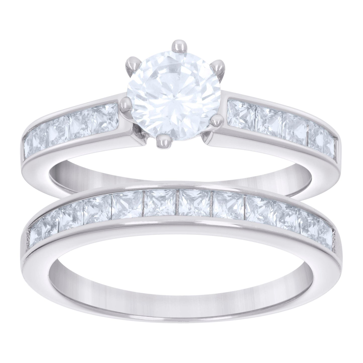 Sterling Silver Womens Round Princess-cut Moissanite Bridal Anniversary Engagement Wedding Duo Ring Set Ring