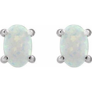 14K White Gold Oval Shape 6 X 4 Mm Lab-Grown White Opal Cabochon 4-Prong Stud Earrings