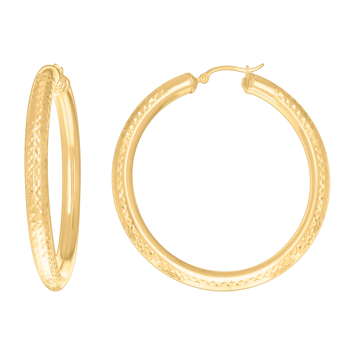 10K Yellow Gold Womens Round Tube Diamond-cut Patterned Fancy Hoop Earrings
