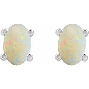 14K White Gold Oval Shape 6 X 4 Mm Natural White Opal Cabochon 4-Prong Stud Earrings