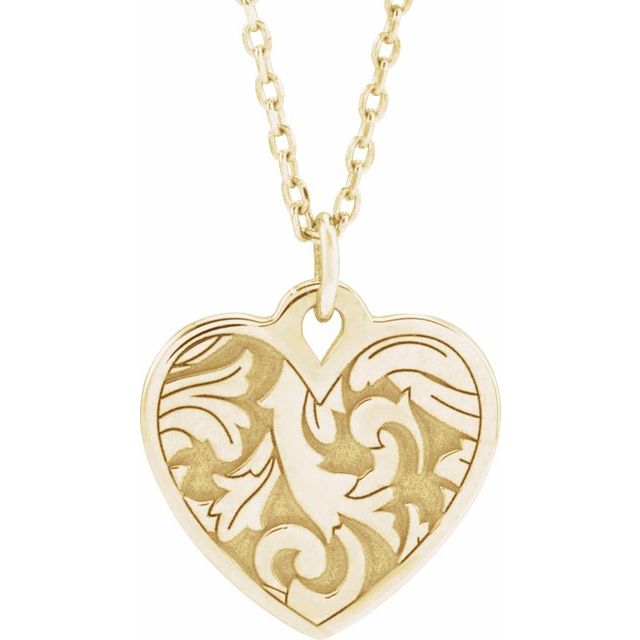 14K Yellow Gold 15.5 X 12.9 Mm 16-18 In Polished Engravable Floral Heart Necklace