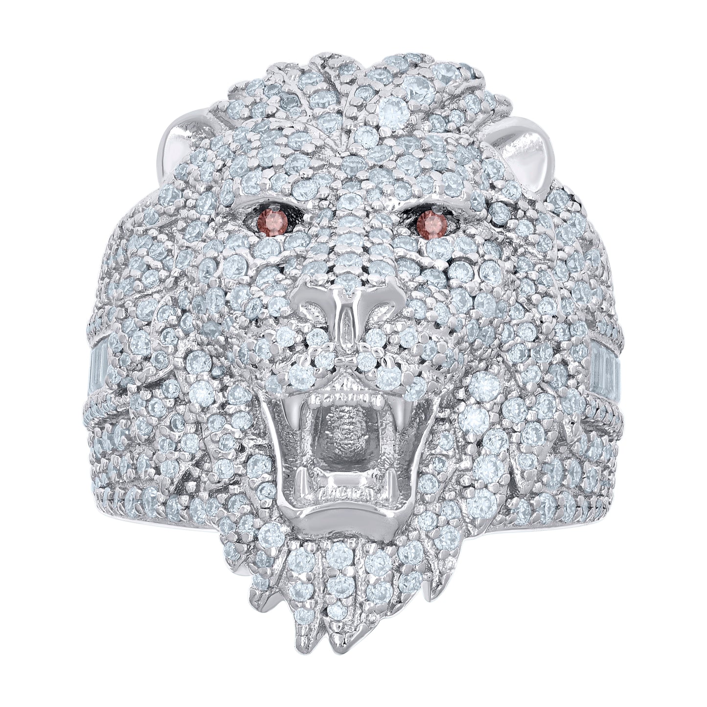 Sterling Silver Mens Red White 0.68ct Baguette 2.51ct Round Moissanite Leo/Lion Head Bridal Anniversary Wedding Engagement Band Ring