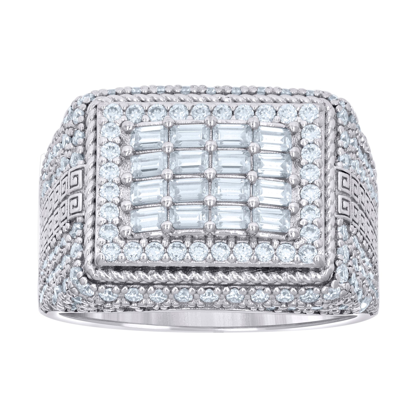 Sterling Silver Mens 0.91ct Baguette 1.57ct Round Moissanite Square Head Fashion Bridal Anniversary Wedding Engagement Band Ring