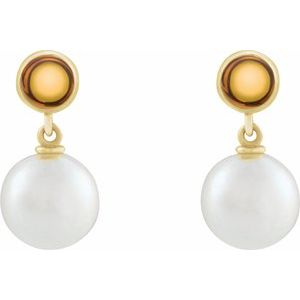 14K Yellow Gold Pearl 8 Mm Cultured Pearl And Natural Citrine Cabochon Drop Earrings