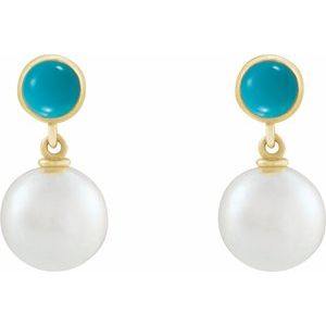 14K Yellow Gold Pearl 8 Mm Cultured Pearl And Natural Turquoise Cabochon Drop Earrings