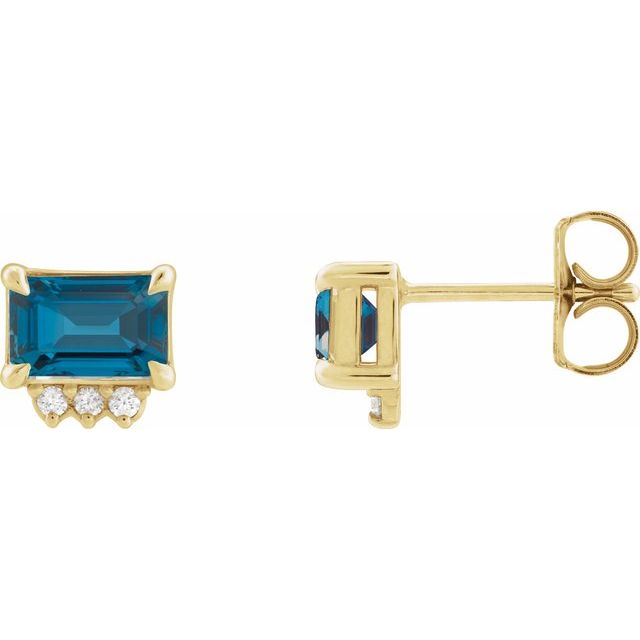 14K Yellow Gold Emerald 6 X 4 Mm Friction Backs Polished Natural London Blue Topaz And .05 Ctw Natural Diamond 4-Claw Prong Earrings