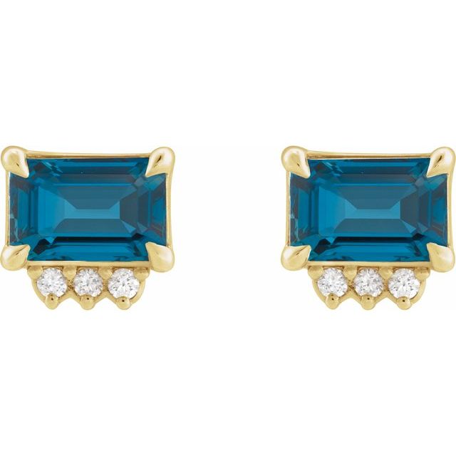 14K Yellow Gold Emerald 6 X 4 Mm Friction Backs Polished Natural London Blue Topaz And .05 Ctw Natural Diamond 4-Claw Prong Earrings