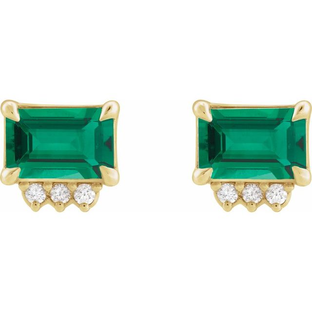 14K Yellow Gold Emerald 5 X 3 Mm Friction Backs Polished Lab-Grown Emerald And .04 Ctw Natural Diamond 4-Claw Prong Earrings