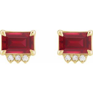 14K Yellow Gold Emerald 5 X 3 Mm Lab-Grown Ruby And .04 Ctw Natural Diamond 4-Claw Prong Earrings