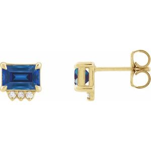 14K Yellow Gold Emerald 5 X 3 Mm Lab-Grown Blue Sapphire And .04 Ctw Natural Diamond 4-Claw Prong Earrings