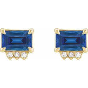14K Yellow Gold Emerald 5 X 3 Mm Lab-Grown Blue Sapphire And .04 Ctw Natural Diamond 4-Claw Prong Earrings